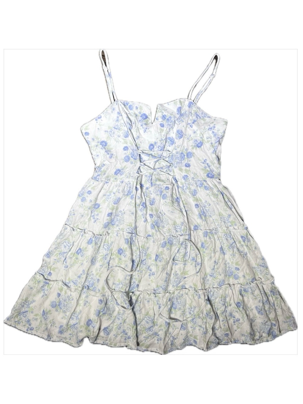 Altar’d State Vinka White and Blue Floral Lace-Up Mini Dress Lace Up Size Large